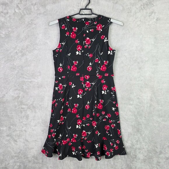 Womens Roz & Ali Black & Red Floral Sleeveless Dress Scallop Hem Polyester 14 - Picture 6 of 9